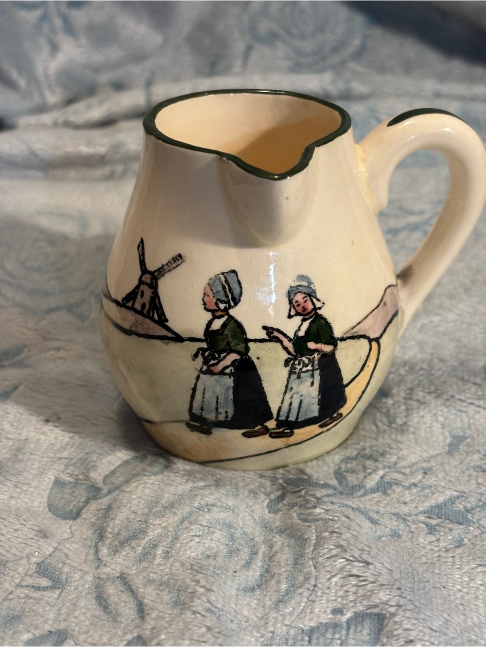 Vintage Austrian Ceramic Dutch Scene Pitcher with Green Trim